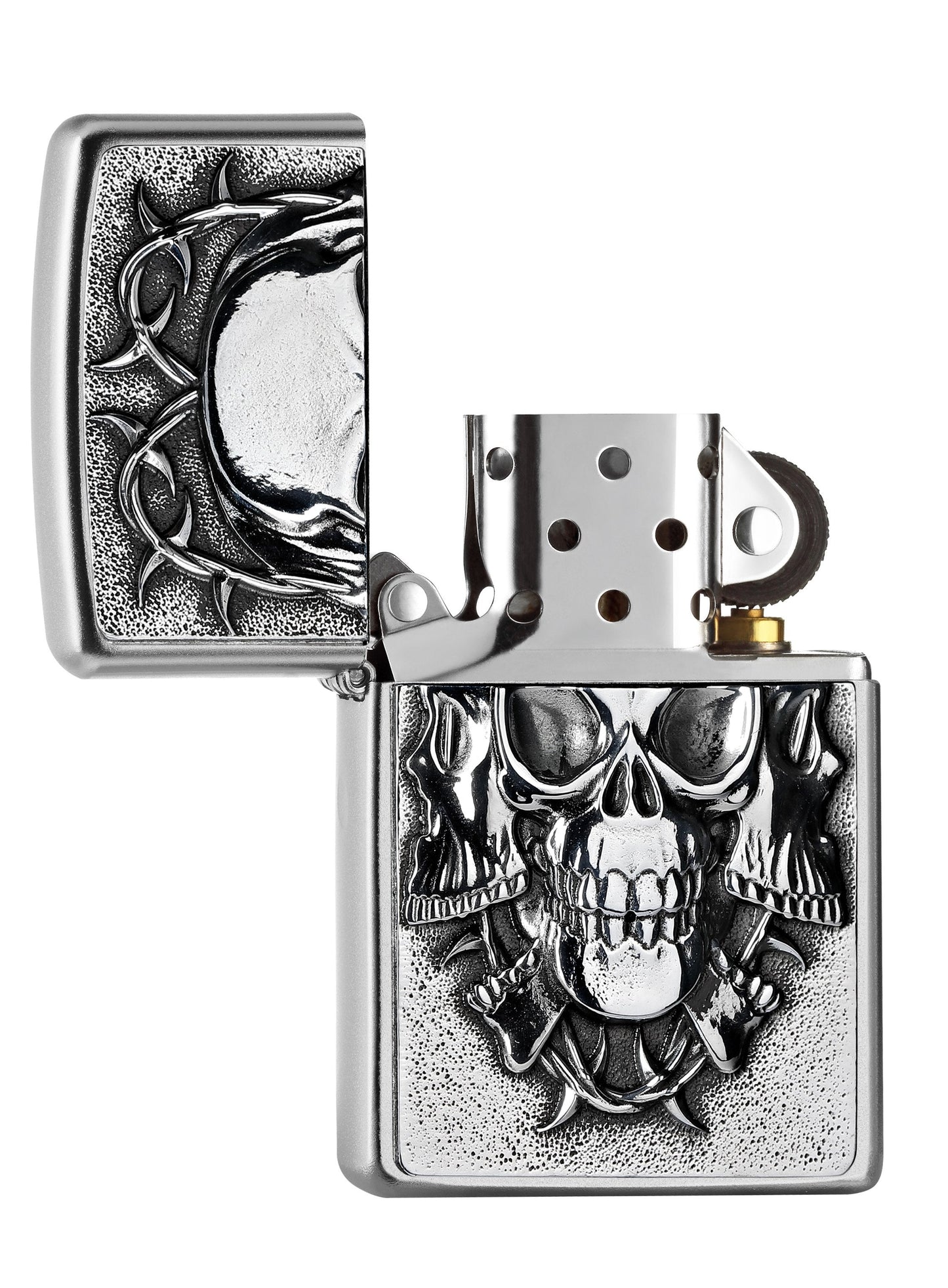 Three Skulls Chrome Brushed Emblem Windproof Lighter