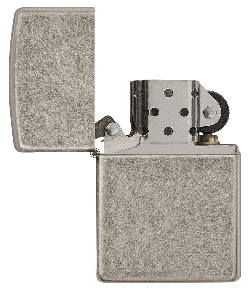 Armor™ Antique Silver Plate Windproof Lighter with its lid open and unlit
