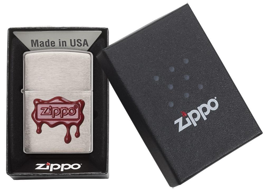 29492, Zippo Red Wax Drippy Seal Emblem on Brushed Chrome Finish