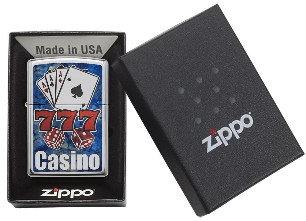 29633 "777," Cards, Dice, "Casino" Blue and Red Fusion Lighter - Packaging