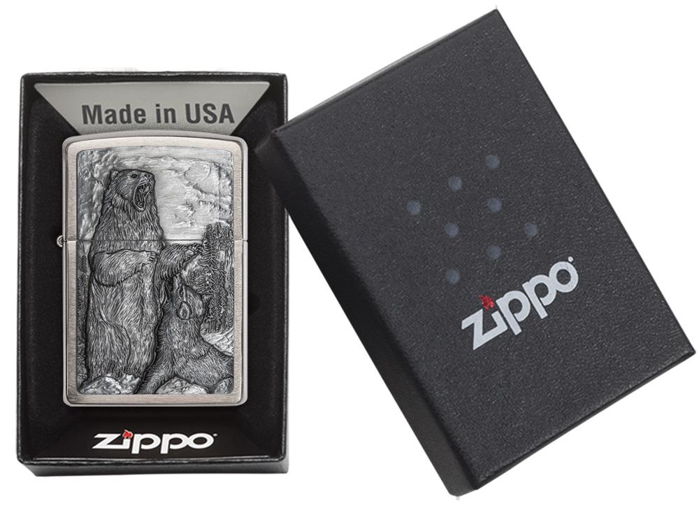 29636 Bear vs. Wolf Emblem Chrome Windproof Lighter - Packaging