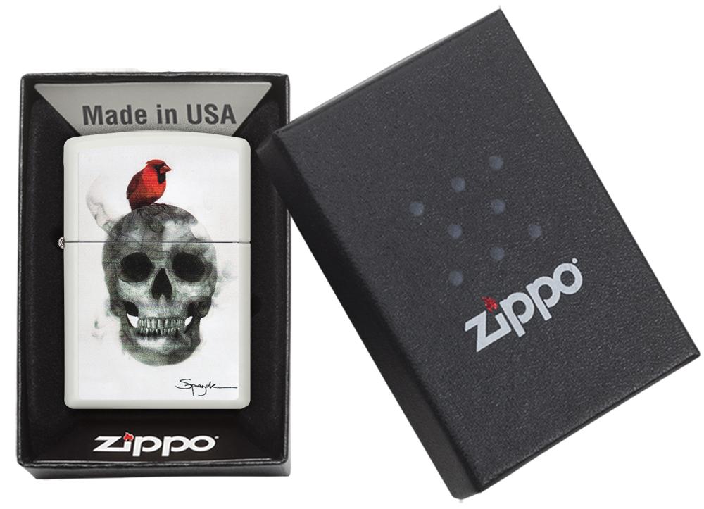 29644, Steven Spazuk Art with Red Cardinal Bird Resting on Smoking Skull Head, Color Image, White Matte Finish