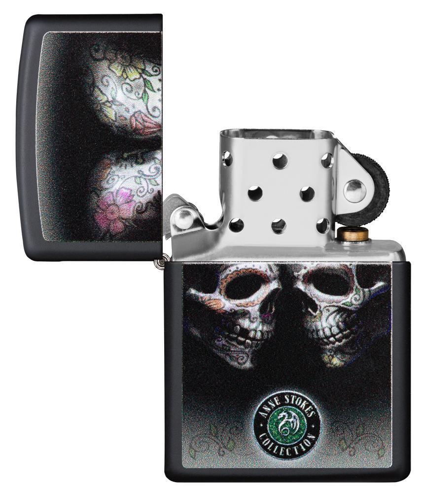 Anne Stokes Sugar Skull Windproof Lighter with its lid open and not lit
