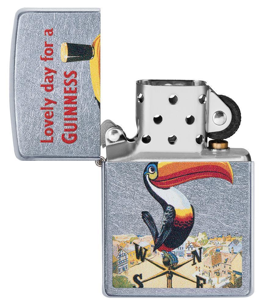 Guinness Street Chrome windproof lighter with the lid open and not lit