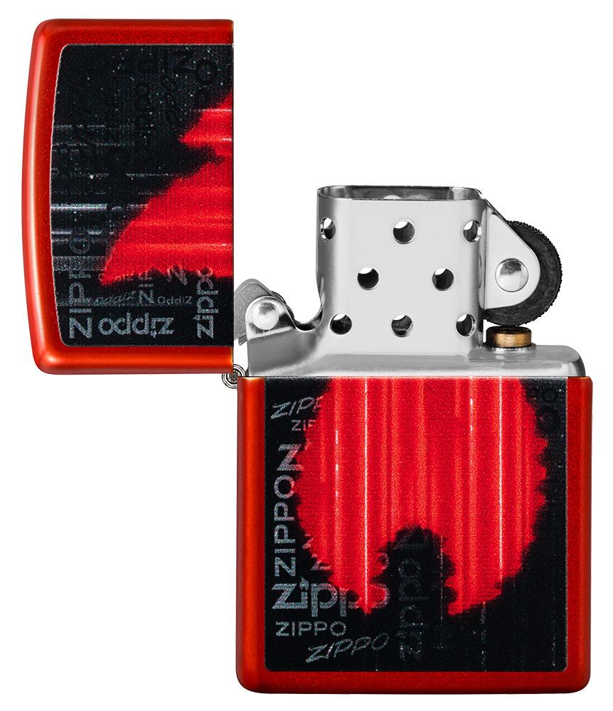 Zippo Flame Logo Design Metallic Red Windproof Lighter with its lid open and unlit