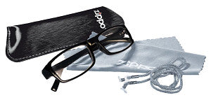 Black case for reading glasses and sunglasses.
