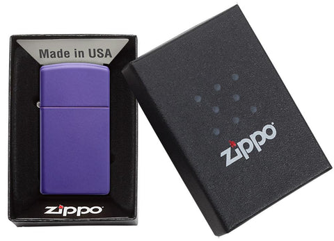Slim Purple Matte Windproof Lighter in its packaging