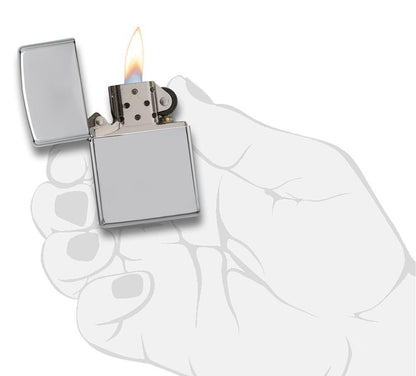 Armor® High Polish Chrome Windproof Lighter lit in hand