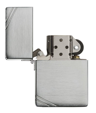 Brushed Chrome 1935 Replica Windproof Lighter with Slashes with its lid open and not lit