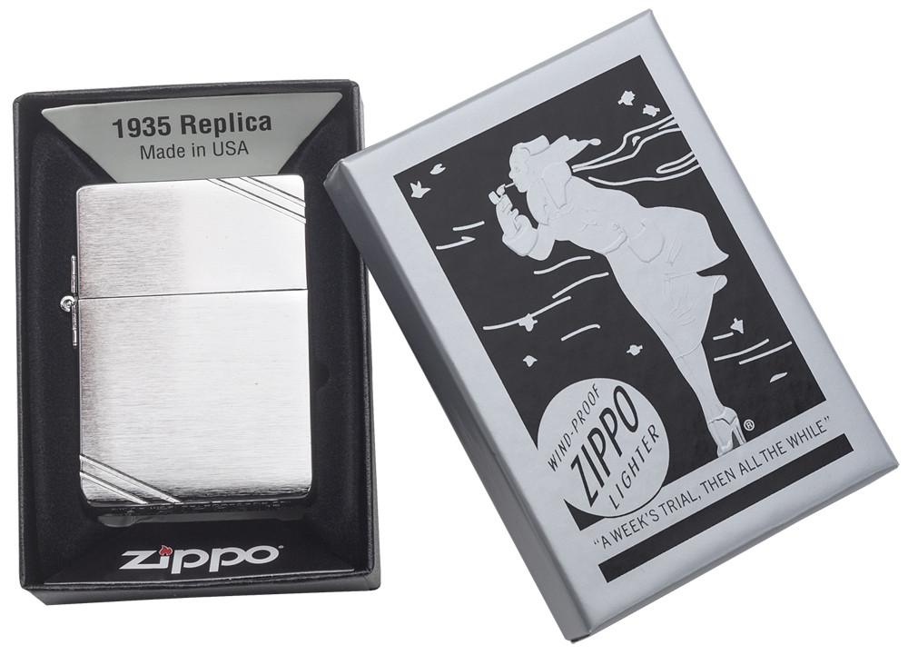 Brushed Chrome 1935 Replica Windproof Lighter with Slashes in its packaging