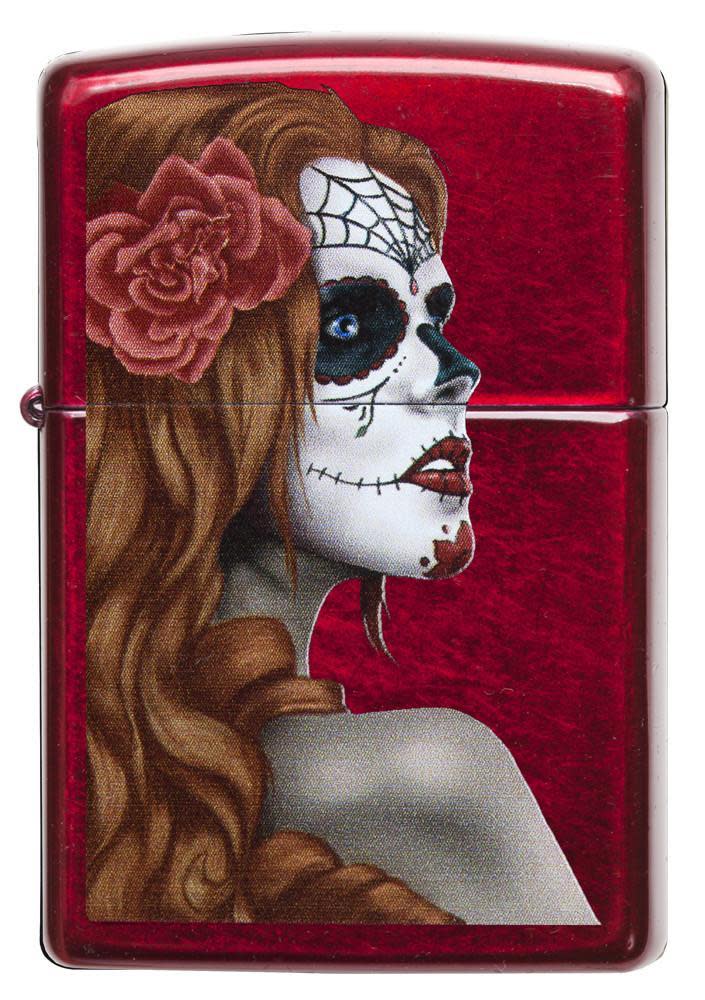 Front view of Dia De Los Muertos Candy Apple Red Windproof Lighter