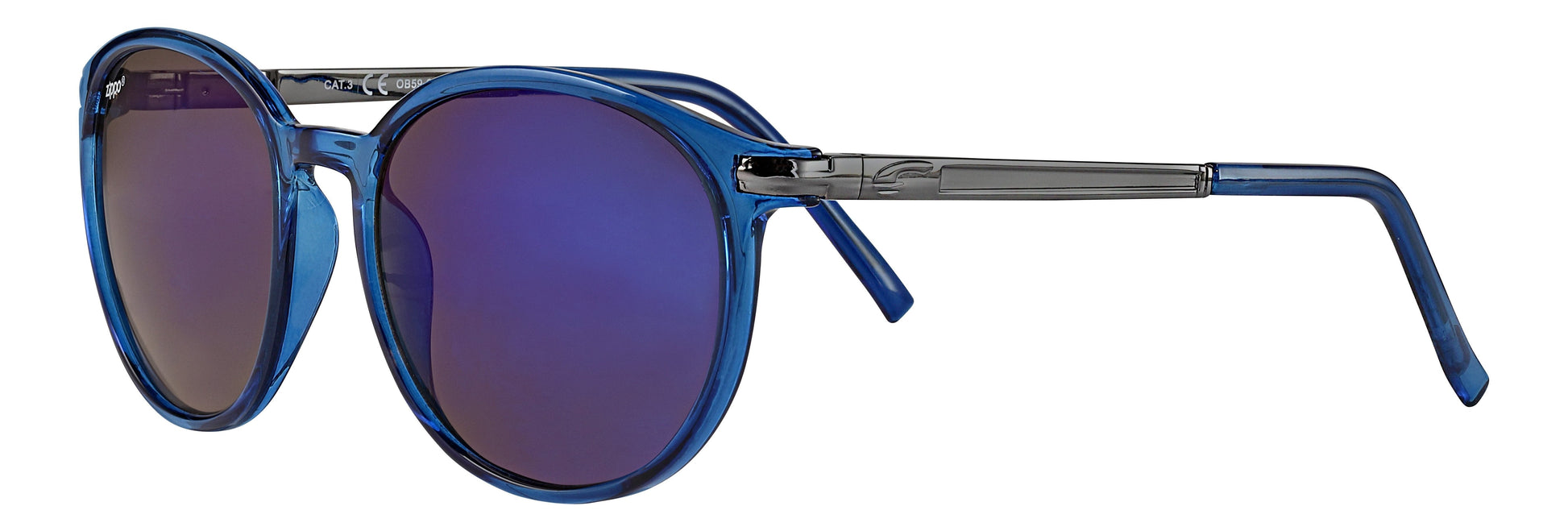 Side view of the Transparent Fifty-nine Sunglasses blue frame and lenses