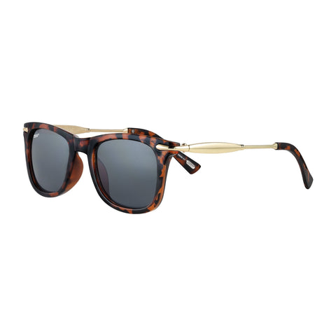 Side view of the Eighty-six Sunglasses leopard frame and black lenses