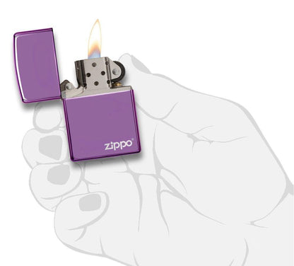 Classic High Polish Purple Zippo Logo lit in hand