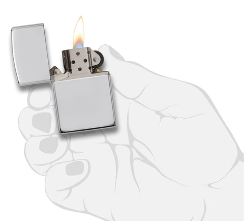 Armor® High Polish Sterling Silver Windproof Lighter lit in hand