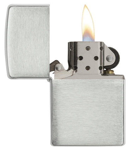 Armor® Brushed Sterling Silver Windproof Lighter with its lid open and lit
