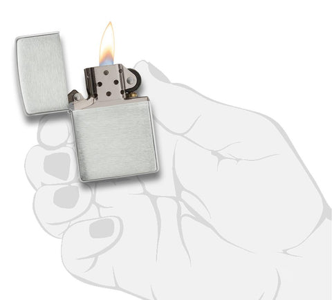 Armor® Brushed Sterling Silver Windproof Lighter lit in hand