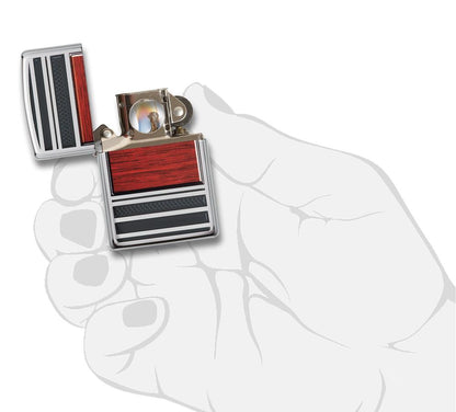 28676, Wooden Stripes Pipe Lighter, Emblem, High Polish Chrome Finish