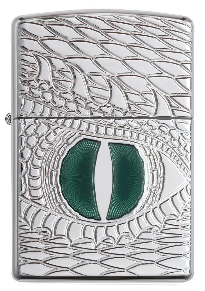 28807, Green Dragon Eye, Deep Carve, Epoxy Inlay, High Polish Chrome, Armor Case