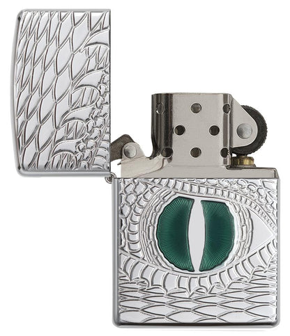 28807, Green Dragon Eye, Deep Carve, Epoxy Inlay, High Polish Chrome, Armor Case