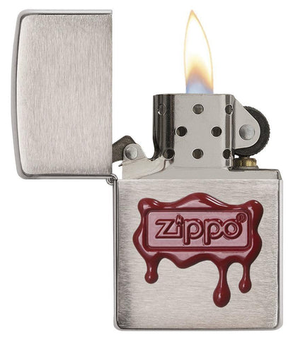 29492, Zippo Red Wax Drippy Seal Emblem on Brushed Chrome Finish