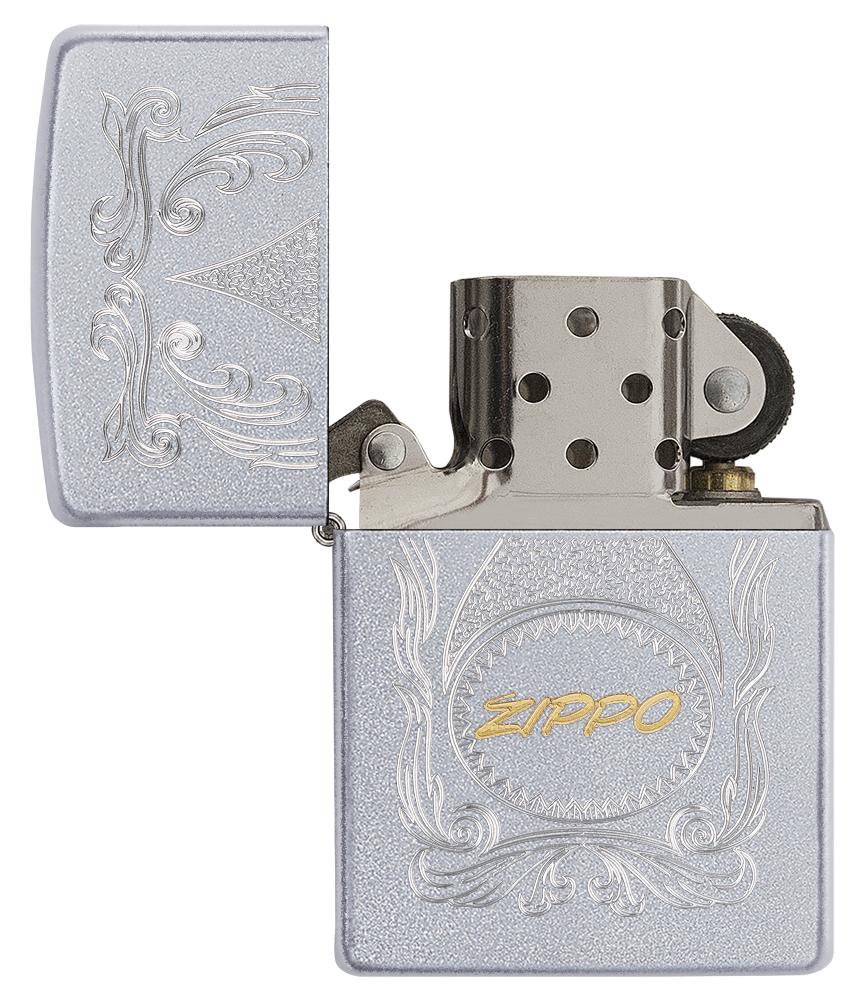 29512, Zippo Script, Auto Two Tone Engraving on Satin Chrome Finish