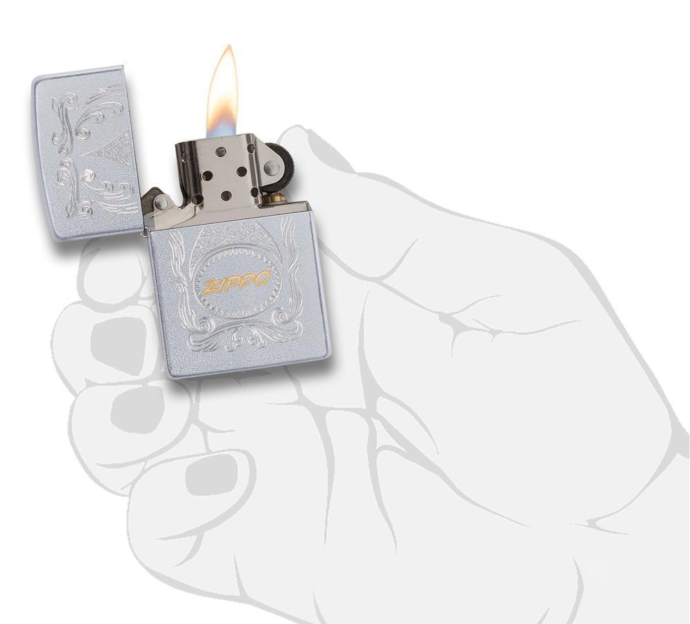 29512, Zippo Script, Auto Two Tone Engraving on Satin Chrome Finish