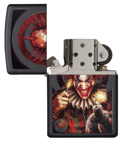 Anne Stokes Sinister Clown Windproof Lighter with its lid open and unlit