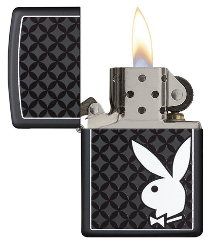 29578 White Playboy Bunny on Black Matte Lighter - Open Lit