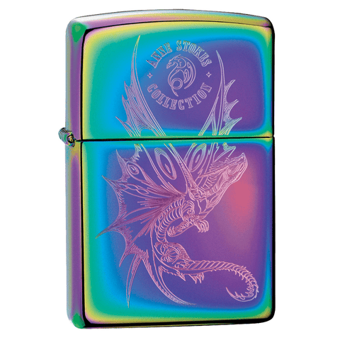 Anne Stokes Engraved Dragon Multi Color Windproof Lighter standing at a 3/4 angle