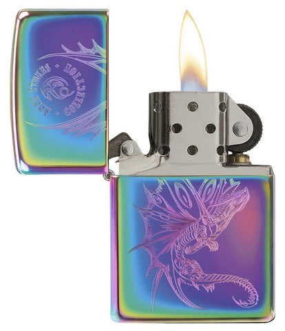 Anne Stokes Engraved Dragon Multi Color Windproof Lighter with its lid open and lit