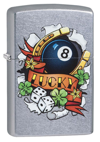 29604 8-Ball, Clovers, Horseshoe, Dice, "Lucky" Tattoo Design on Street Chrome Lighter