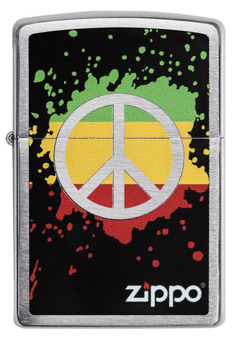 29606 Red, Yellow, & Green Peace Sign design on a Brushed Chrome Lighter - Front View