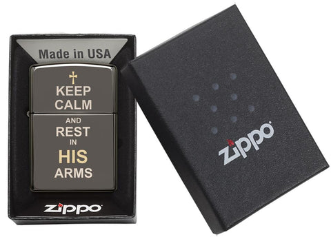 29610 "Keep Calm and Rest in His Arms" Saying on a Black Matte Lighter - Packaging