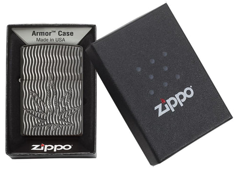 Armor® Deep Carve Marijuana Leaf Black Ice Windproof Lighter in its packaging