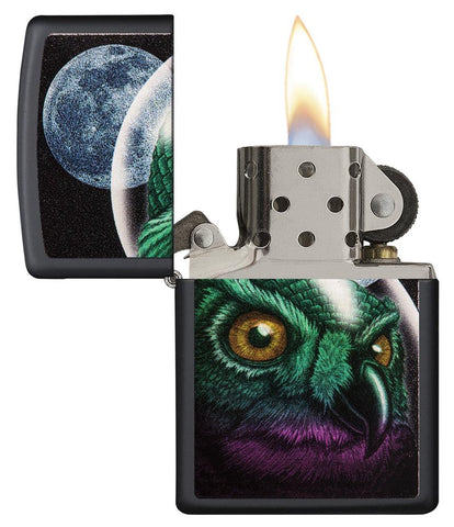 29616 Owl in Space Helmet Design on a Black Matte Lighter - Open Lit