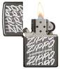 29631 Zippo Script Windproof Engraved Design on a Black Ice Lighter - Open Lit