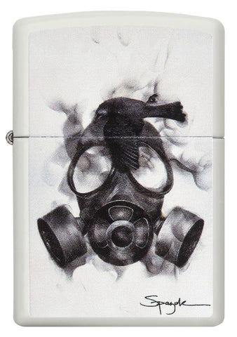 29646, Steven Spazuk Art with Black Bird Resting on a Smoking Gas Mask, Color Image, White Matte Finish