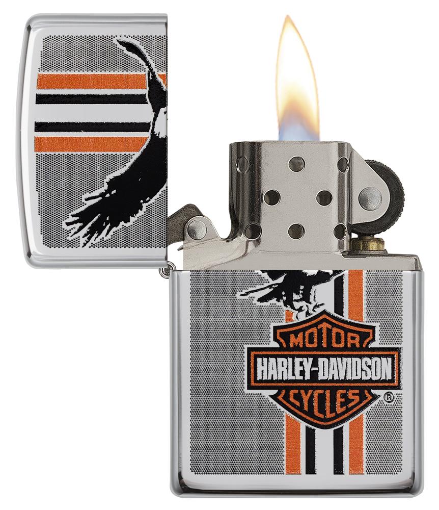 29656 - Harley-Davidson® Carbon Fiber Eagle & Stripes Lighter, Open & Lit with Flame