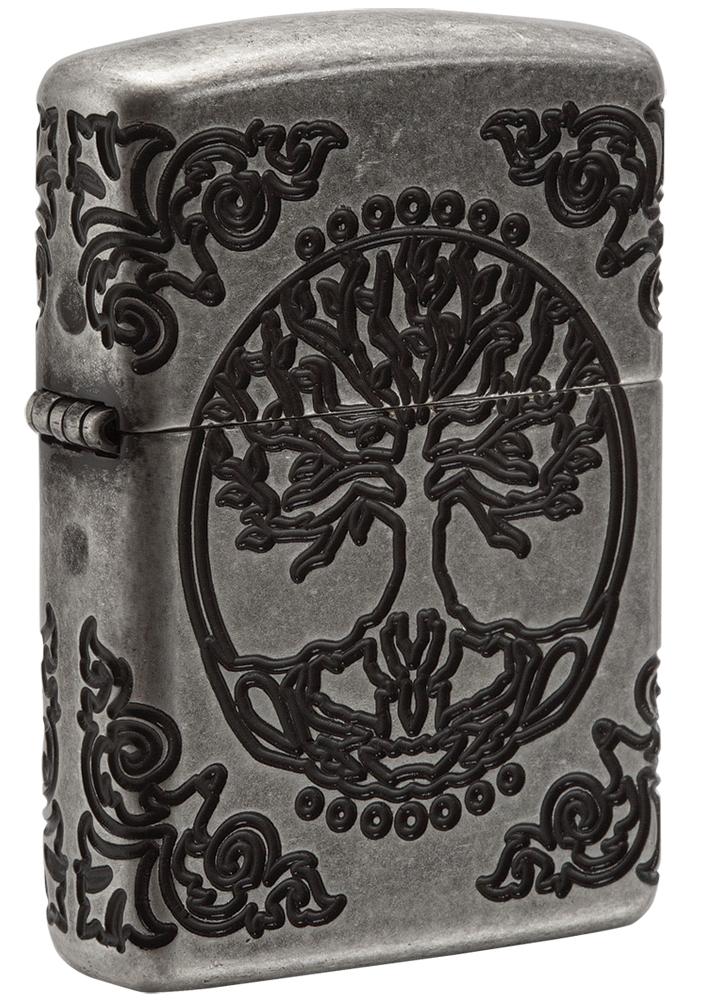 Armor® Tree of Life Windproof Lighter standing at a 3/4 angle