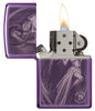 Anne Stokes High Polish Purple Windproof Lighter with its lid open and lit