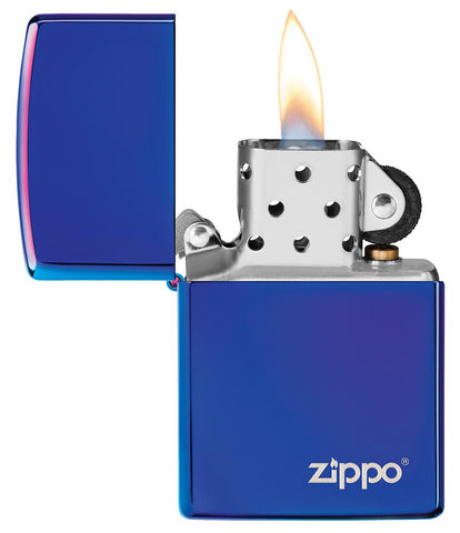 High Polish Indigo Zippo Logo windproof lighter with the lid open and lit