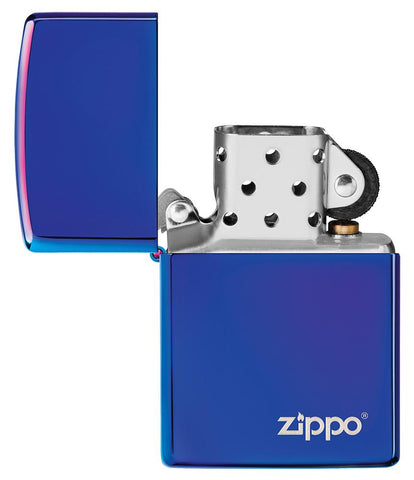 High Polish Indigo Zippo Logo windproof lighter with the lid open and not lit