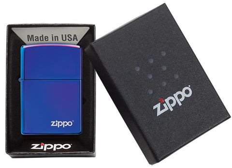 High Polish Indigo Zippo Logo windproof lighter in packaging
