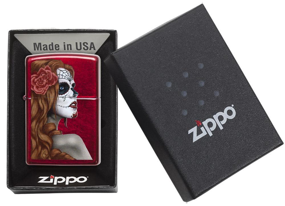 Dia De Los Muertos Candy Apple Red Windproof Lighter in its packaging