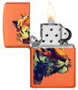 Tiger Orange Windproof Lighter with its lid open and lit