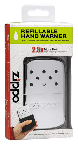 12-Hour High Polish Chrome Refillable Hand Warmer in the packaging