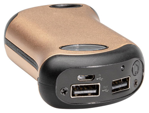 Champagne HeatBank® 9s Plus Rechargeable Hand Warmer laying flat, showing the power button, input jack, and the two USB ports