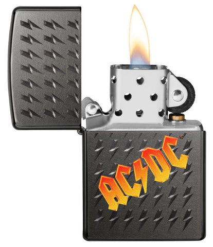 AC/DC® logo Gray Windproof Lighter with its lid open and lit
