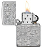 Zippo lighter front view Armor® bright chrome open and lit with deeply engraved lines